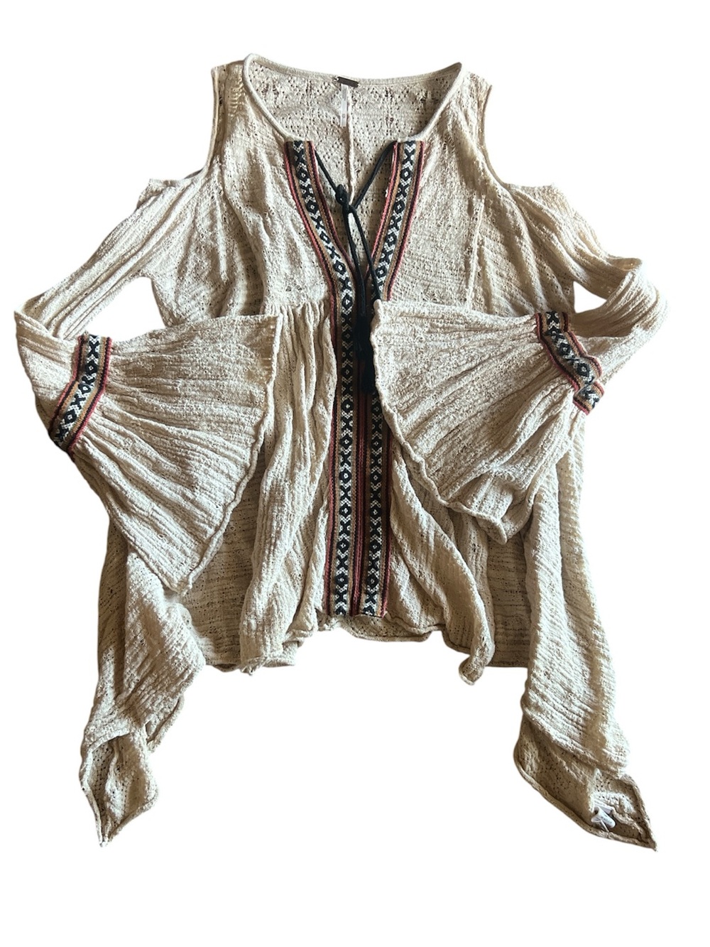 Free People Boho Embroidered Cold-Shoulder bell sleeve top